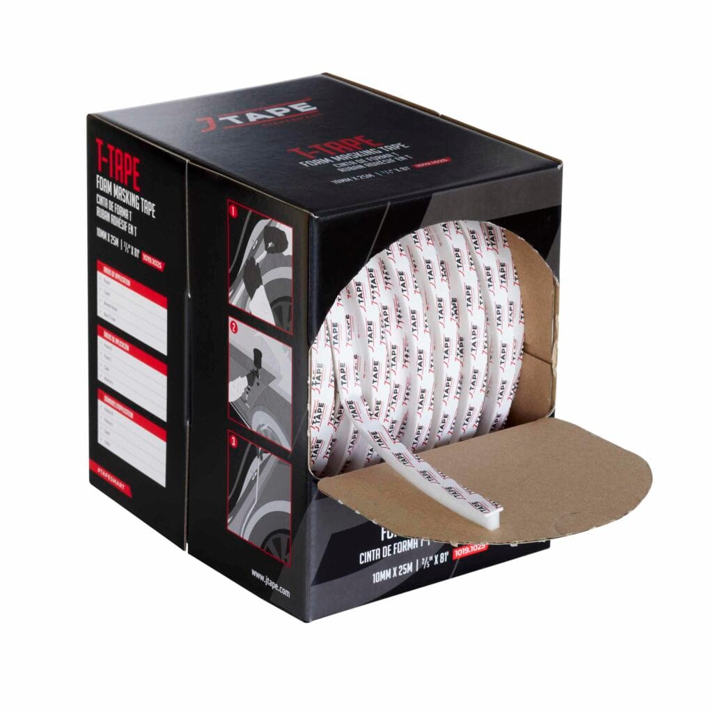 A black box of white T-shaped tape with white and red branding. The box is open, showing the tape partially unrolled. Text and images decorate the sides.