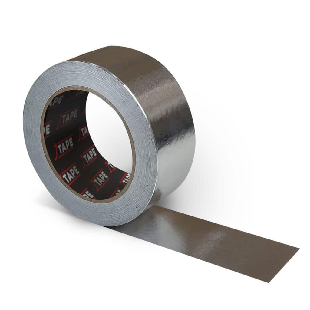 A roll of shiny, metallic tape with a partially unrolled strip lies on a white background. The inner core displays the word "TAPE" repeatedly.