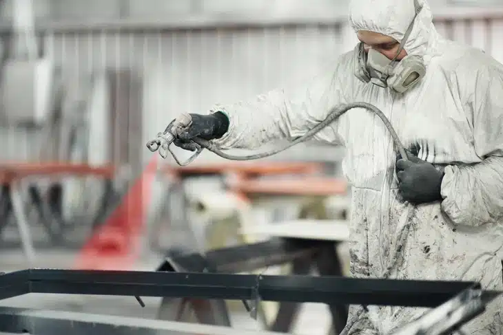 Closeup of an early 30's male using a compressor for spray painting steel plates at a factory facility.