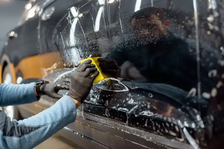 Soapy car being washed with a yellow sponge